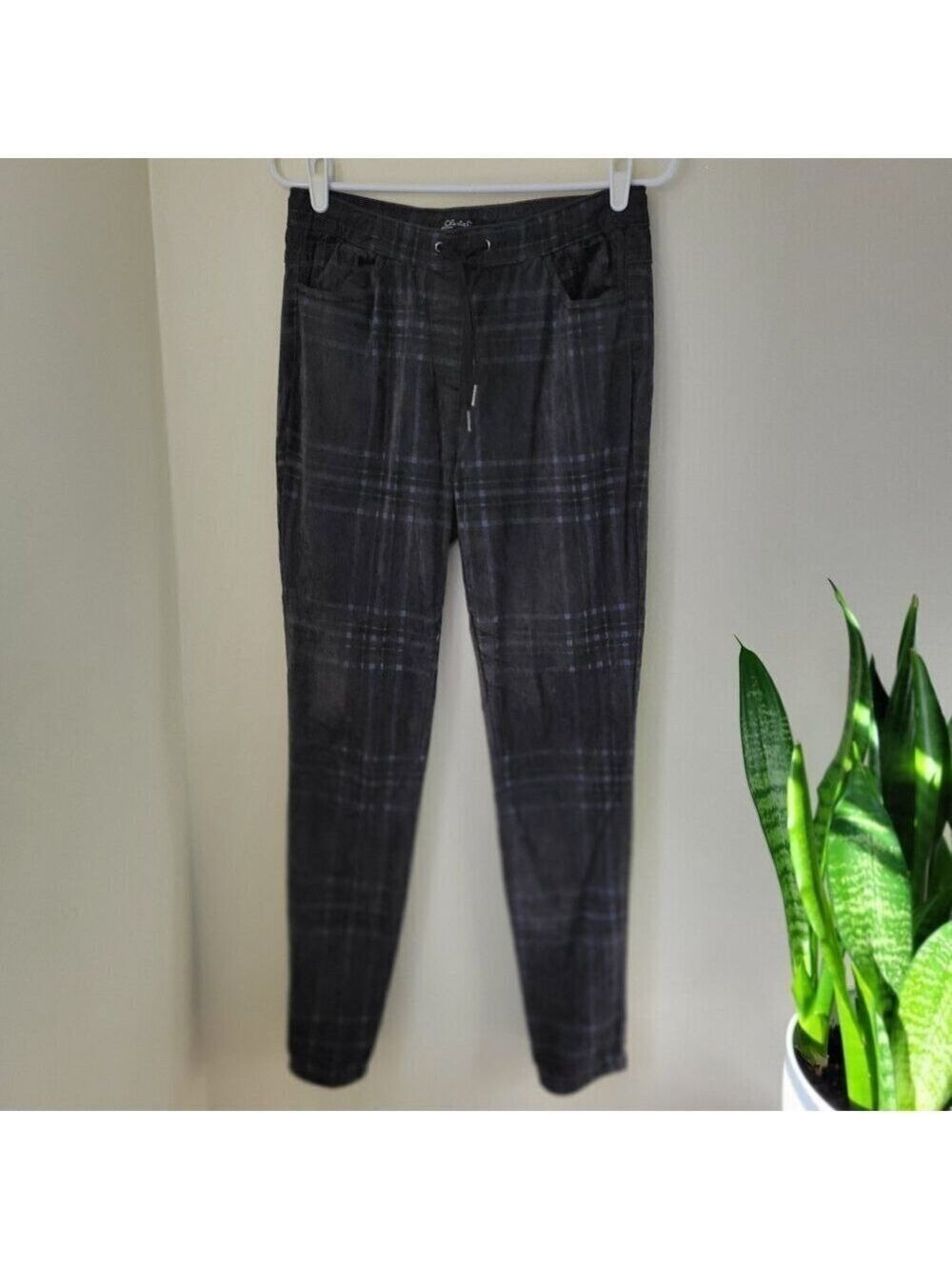Charlie B Velour Pull On Drawstring Straight Leg Pants Gray Plaid Women's Size S